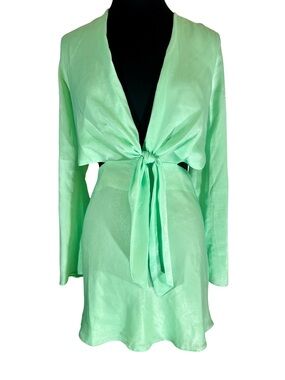 ASOS Neon Lime Tie-Front Mini Cut Out Side Back Bell Sleeve Dress